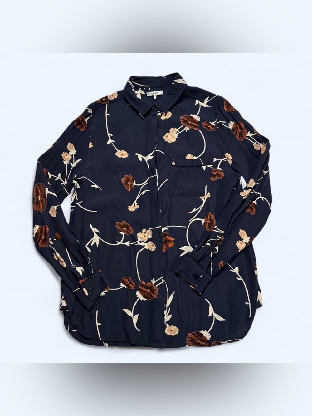 Ganni Dalton Crepe Floral Print Shirt Blouse Navy Sz S EU 36 Boho Small Hole